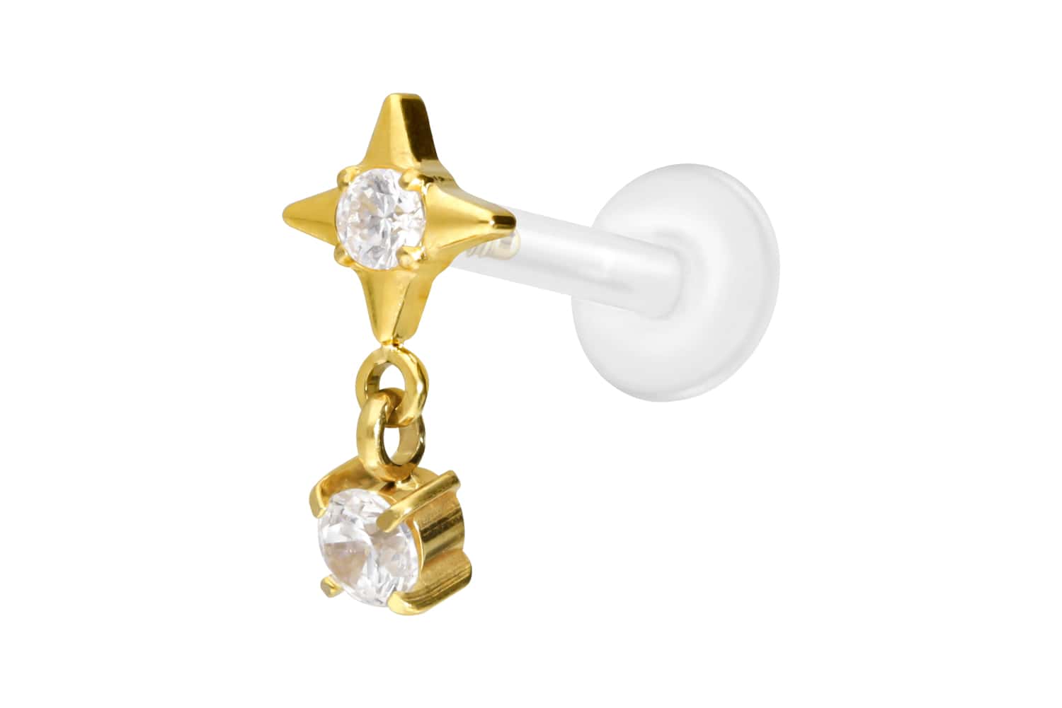PTFE Labret Piercing mit Innengewinde + Titan-Aufsatz STERN + KRISTALL